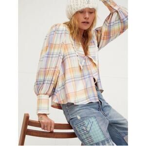 Free People Sz MEDIUM Bexley Balloon Sleeve Plaid Top Oversized Fit Button Front
